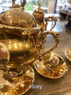 Service à café vintage en porcelaine fine Bondware Gold Dimitasse avec scène de courtoisie de Fragonard