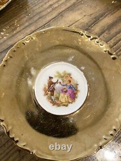 Service à café vintage en porcelaine fine Bondware Gold Dimitasse avec scène de courtoisie de Fragonard