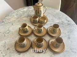 Service à café vintage en poterie Honiton Devon marron avec pot à lait, sucrier, mugs et sous-tasses