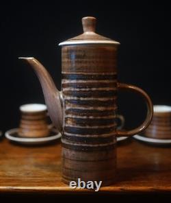 Service à café vintage en poterie Rye Cinque Ports des années 1970, rayures brunes, 17 pièces