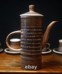 Service à café vintage en poterie Rye Cinque Ports des années 1970, rayures brunes, 17 pièces