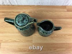 Service à café vintage en poterie d’atelier, 5 pièces, glaçure verte dégoulinante, milieu du siècle, MCM
