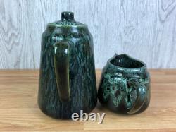 Service à café vintage en poterie d’atelier, 5 pièces, glaçure verte dégoulinante, milieu du siècle, MCM