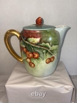 Service à café vintage suisse Langenthal en porcelaine, avec cafetière et décor de cerises peint à la main, 4 pièces
