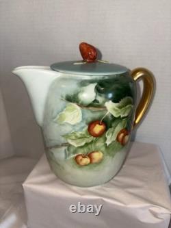 Service à café vintage suisse Langenthal en porcelaine, avec cafetière et décor de cerises peint à la main, 4 pièces