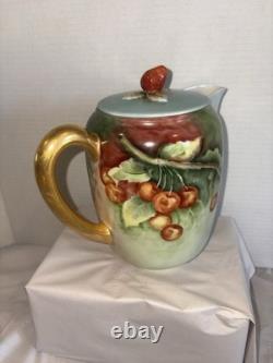 Service à café vintage suisse Langenthal en porcelaine, avec cafetière et décor de cerises peint à la main, 4 pièces