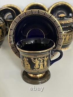 Service à thé Vintage 15 pièces 1985 Cobalt Blue Greek Demitasse avec bordure en or 24 carats Spyropoulos