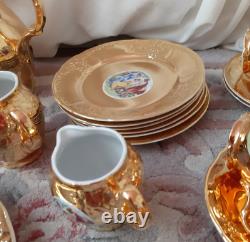 Service à thé/café 36 pièces en porcelaine Vintage Bernadotte, fine de Bohème, doré