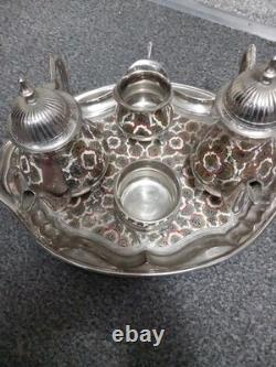 Service à thé/café décoratif vintage indien en laiton plaqué nickel