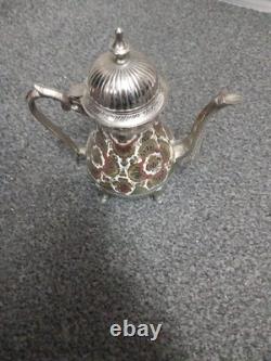 Service à thé/café décoratif vintage indien en laiton plaqué nickel