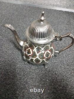 Service à thé/café décoratif vintage indien en laiton plaqué nickel