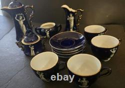 Service à thé/café en porcelaine bleu cobalt vintage FEDORA, dorure à l’or fin, motif de déesse
