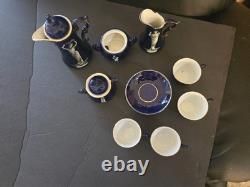 Service à thé/café en porcelaine bleu cobalt vintage FEDORA, dorure à l’or fin, motif de déesse