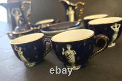 Service à thé/café en porcelaine bleu cobalt vintage FEDORA, dorure à l’or fin, motif de déesse