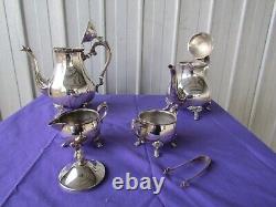 Service à thé, cafetière, pot à crème, sucrier, pinces en argent plaqué étain vintage