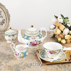 Service à thé en porcelaine bleue vintage Fanquare de 21 pièces, ensemble de café en céramique rose