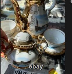 Service à thé en porcelaine de Chine Vintage Bareuther Bavaria Venecia Panorama 17 pièces avec dorures