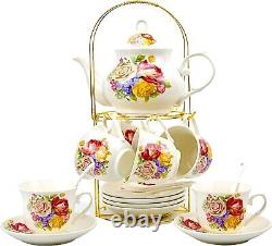 Service à thé et à café en porcelaine de Chine avec support en métal doré, vintage, peint à la main.