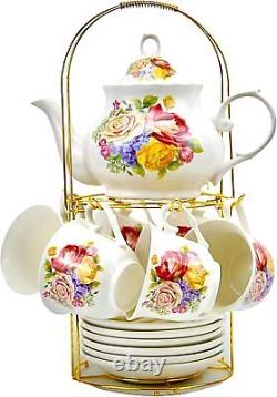 Service à thé et à café en porcelaine de Chine avec support en métal doré, vintage, peint à la main.