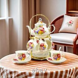 Service à thé et à café en porcelaine de Chine avec support en métal doré, vintage, peint à la main.