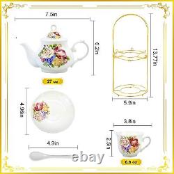 Service à thé et à café en porcelaine de Chine avec support en métal doré, vintage, peint à la main.