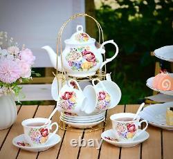 Service à thé et à café en porcelaine de Chine avec support en métal doré, vintage, peint à la main.