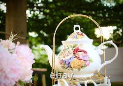 Service à thé et à café en porcelaine de Chine avec support en métal doré, vintage, peint à la main.