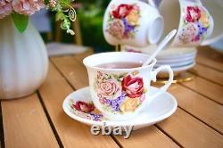 Service à thé et à café en porcelaine de Chine avec support en métal doré, vintage, peint à la main.