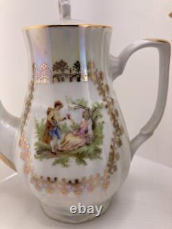 Service à thé et café vintage pour 6 personnes, marque Bogucice, blanc et or, Pologne