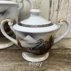 Service à thé japonais vintage avec geisha en lithophanie – Tasses, soucoupes et assiettes à dessert x5, théière