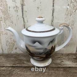 Service à thé japonais vintage avec geisha en lithophanie – Tasses, soucoupes et assiettes à dessert x5, théière