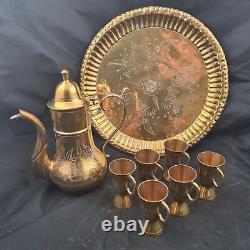 Service de théière en cuivre vintage avec 6 tasses et plateau