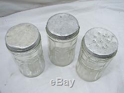 Set 5 Vintage Glass Hoosier Type Jars Panneau Shaker Coffee Tea Salt / Pepper Spice