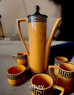 Superbe service à café vintage orange Portmeirion de Susan Williams-Ellis à motif de méandres grecs, en très bon état