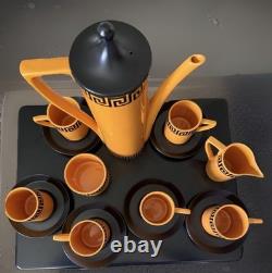 Superbe service à café vintage orange Portmeirion de Susan Williams-Ellis à motif de méandres grecs, en très bon état
