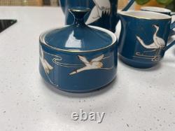 Superbe service à thé/café vintage chinois avec design de grues en bleu sarcelle