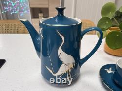 Superbe service à thé/café vintage chinois avec design de grues en bleu sarcelle