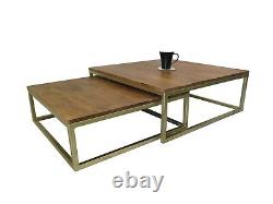 Table Basse Alana Set Of 2 Nesting Solid Acacia Wood Brass Iron Legs-wnt05bs