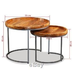 Tables D'appoint Industrielles Vintage Ronde Table D'extrémité De Café Set Jambes De Fer En Bois Massif
