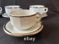 Tasses à café et sous-tasses Pillivuyt France vintage MCM blanches et argentées, ensemble de 5