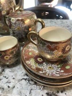 Tea Set Café Fleurs D'or En Porcelaine Japonaise En Céramique Vintage Kutani
