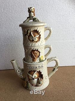 Thé Pour Deux Vintage Owl Set Cafetière Et Tasses Empilables Cabane Dans Les Arbres Japon