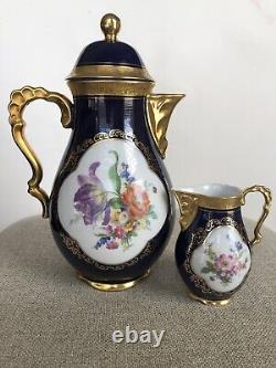 Théière et crémier en émail cobalt Vtg Lindner Kueps Bavaria avec fleurs dorées