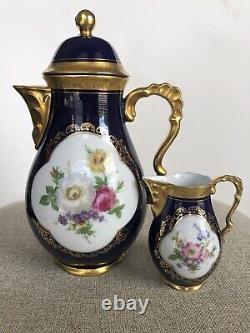 Théière et crémier en émail cobalt Vtg Lindner Kueps Bavaria avec fleurs dorées