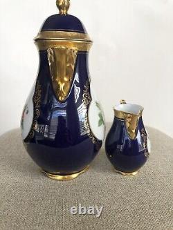 Théière et crémier en émail cobalt Vtg Lindner Kueps Bavaria avec fleurs dorées