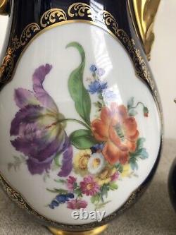 Théière et crémier en émail cobalt Vtg Lindner Kueps Bavaria avec fleurs dorées