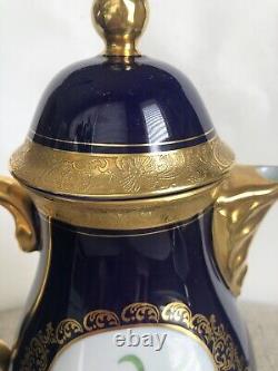 Théière et crémier en émail cobalt Vtg Lindner Kueps Bavaria avec fleurs dorées