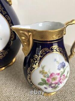 Théière et crémier en émail cobalt Vtg Lindner Kueps Bavaria avec fleurs dorées