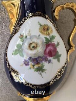 Théière et crémier en émail cobalt Vtg Lindner Kueps Bavaria avec fleurs dorées