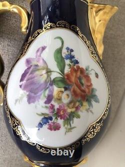 Théière et crémier en émail cobalt Vtg Lindner Kueps Bavaria avec fleurs dorées